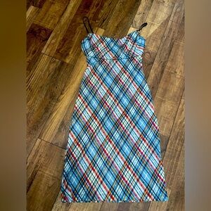 bcbg max azria y2k plaid dress spring boho 90s light blue classic designer